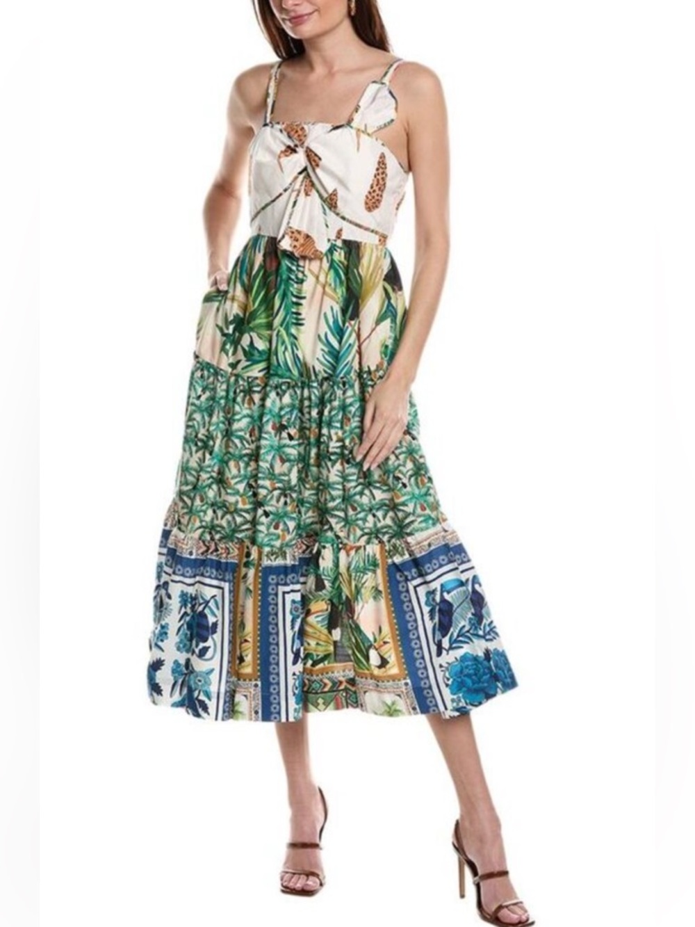 FARM RIO Tropical Print Tie-Front Midi Sundress